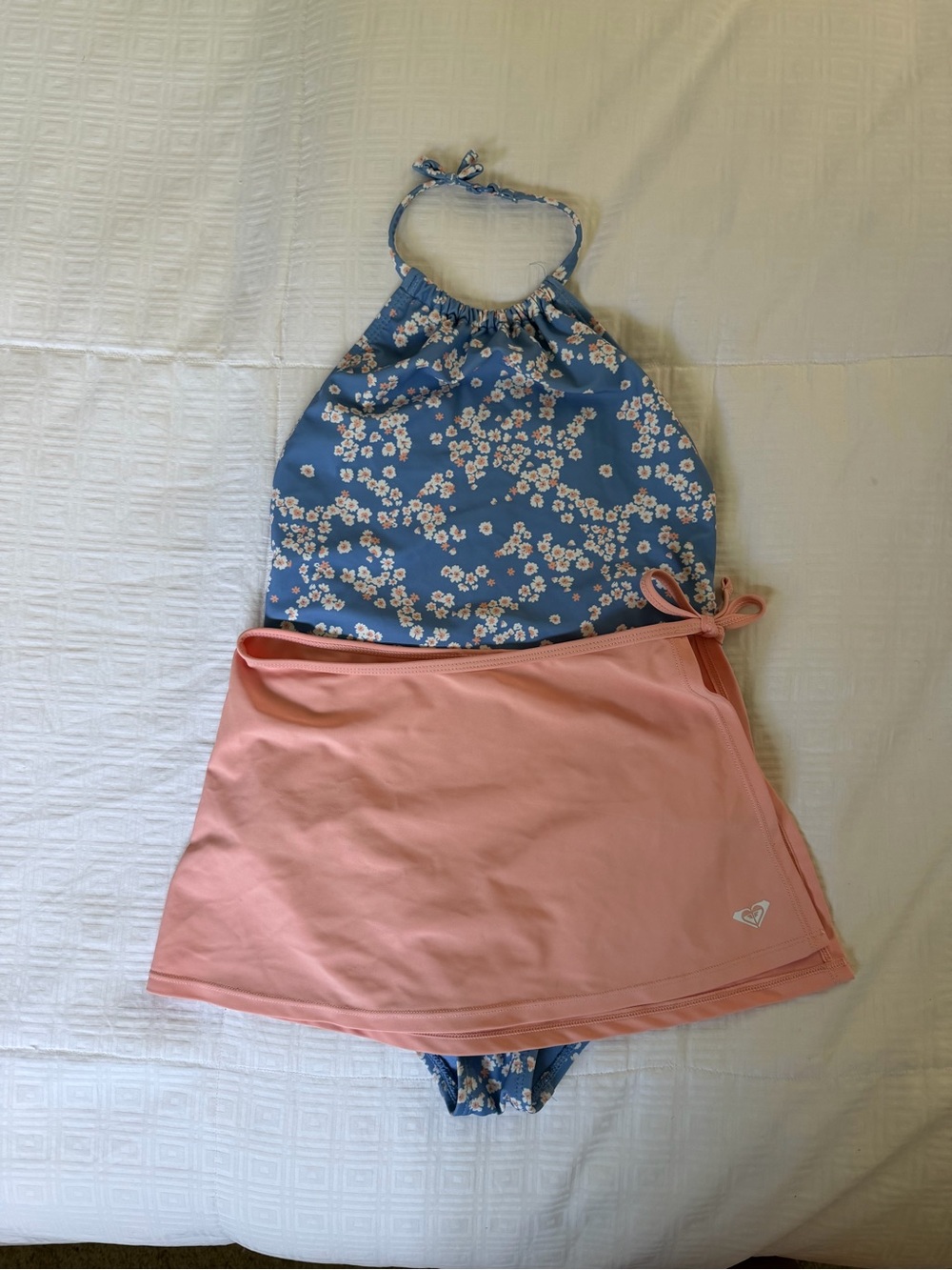 Roxy Blue Floral Halter Swimsuit with Peach Accents